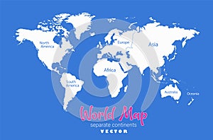 World map, separate continents whit names, blue background