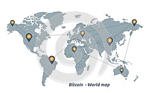 World map with separates states and Bitcoin point, isolated on white background