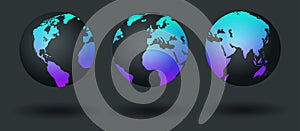 World map set, earth globe. Planet with continents. Vector illustration
