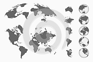 World map set. Earth globes from different sides, maps of continents and 3d map. Vector