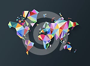 World map shape made of colorful polygons. 3D illustration on a black background