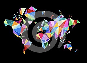 World map shape made of colorful polygons. 3D illustration on a black background