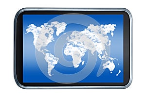 World map sky and clouds on a tablet