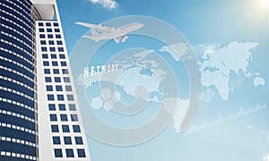 World map and skyscraper