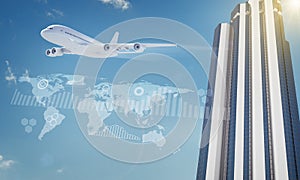 World map with skyscraper and graphs