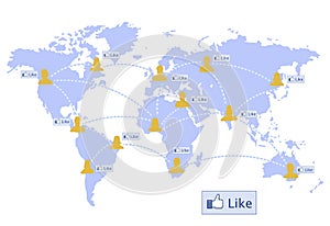 World map ,social network and like button