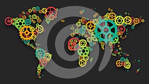 World map with spinning color gears. Economic, social or political cooperation. Global teamwork motion background