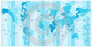 World Map with Standard Time Zones in colors of blue