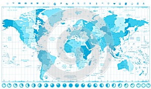 World Map with Standard Time Zones soft tints of blue and clock