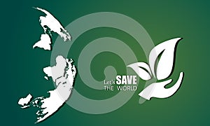 World map symbol Save the world concept.Green and blue color tone.There is a globe behind the media to help save the world, save e