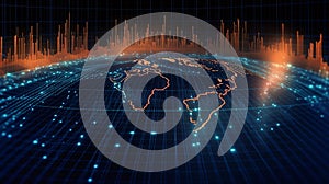 World map on a technological background, glowing lines symbols of the Internet, radio and television