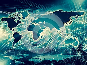 World map on a technological background, glowing lines symbols of the Internet, radio, television, mobile and satellite