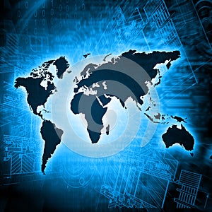 World map on a technological background, glowing lines symbols of the Internet, radio, television, mobile and satellite