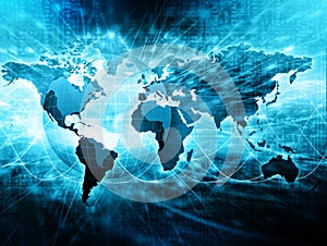 World map on a technological background, glowing lines symbols of the Internet, radio, television, mobile and satellite