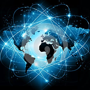 World map on a technological background, glowing lines symbols of the Internet, radio, television, mobile and satellite