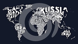 World map text composition of country names, typographical black and white vector illustration