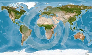 World map with texture on global satellite photo, Earth view from space. Detailed flat map of continents and oceans