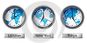 World map time zone clocks