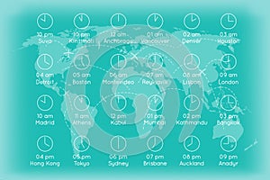 World map with time zones infographics background