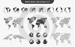 World map and transparent globes of Earth. Set of maps with countries and transparent globes. World map template with continents,
