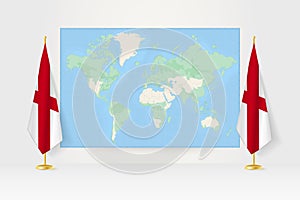 World Map between two hanging flags of Alabama flag stand