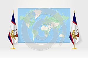 World Map between two hanging flags of American Samoa flag stand