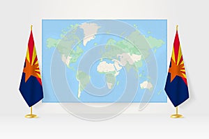 World Map between two hanging flags of Arizona flag stand