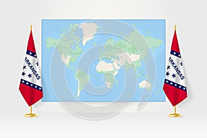 World Map between two hanging flags of Arkansas flag stand