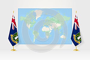 World Map between two hanging flags of British Virgin Islands flag stand