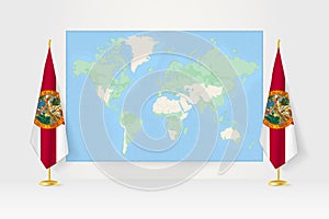 World Map between two hanging flags of Florida flag stand