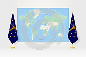 World Map between two hanging flags of Indiana flag stand