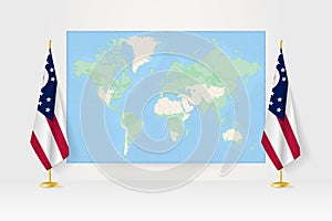 World Map between two hanging flags of Ohio flag stand