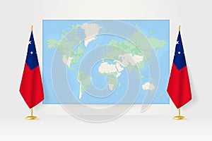 World Map between two hanging flags of Samoa flag stand