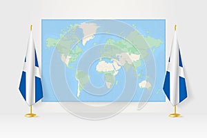World Map between two hanging flags of Scotland flag stand