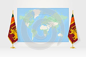 World Map between two hanging flags of Sri Lanka flag stand