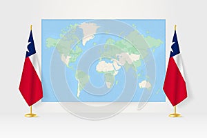 World Map between two hanging flags of Texas flag stand