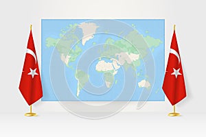 World Map between two hanging flags of Turkey flag stand