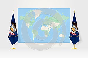 World Map between two hanging flags of Utah flag stand