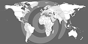 World Map vector. Gray similar world map blank vector on gray background.  White similar world map with borders of all countries. photo