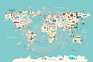 World map vector illustration. Landmarks, sight and animals hand draw icon