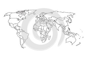 World map vector, isolated on white background. Black map template, flat earth.  Simplified, generalized world map with round corn