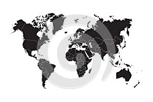 World map vector, isolated on white background. Black template, flat earth.  Simplified, generalized with round corners.