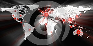 World map view on corona virus spots with lightpaint and sketch techniques