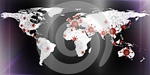 World map view on corona virus spots with lightpaint and sketch techniques