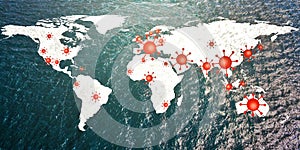 World map view on corona virus spots with lightpaint and sketch techniques