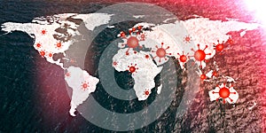 World map view on corona virus spots with lightpaint and sketch techniques