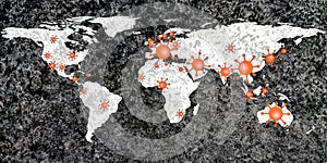 World map view on corona virus spots with lightpaint and sketch techniques