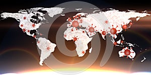 World map view on corona virus spots with lightpaint and sketch techniques