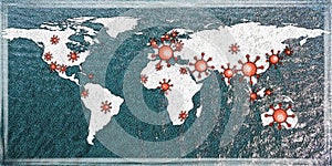 World map view on corona virus spots with lightpaint and sketch techniques