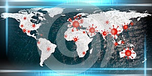 World map view on corona virus spots with lightpaint and sketch techniques